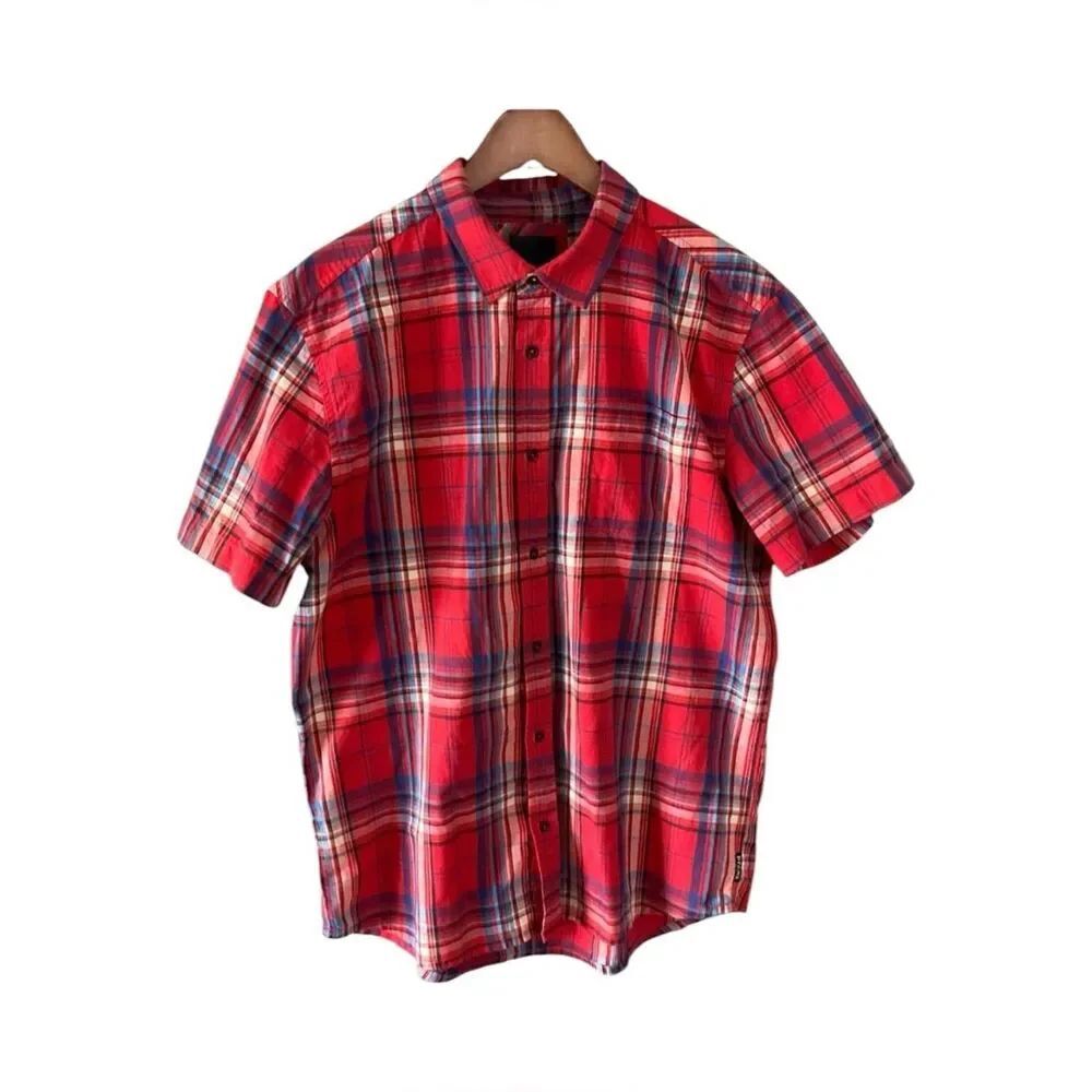 Prana Mens Benton Button Down Shirt Plaid Short Sleeve Breathable Outdoor Top L